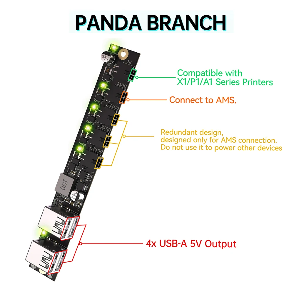BIGTREETECH панда ветвь, максимальная мощность, плата расширения с 4 USB-A 5V Выход для системы AMS BambuLab P1P X1 A1 3D принтер
BIGTREETECH панда ветвь, максимальная мощность, плата расширения с 4 USB-A 5V Выход для системы AMS BambuLab P1P X1 A1 3D принтер