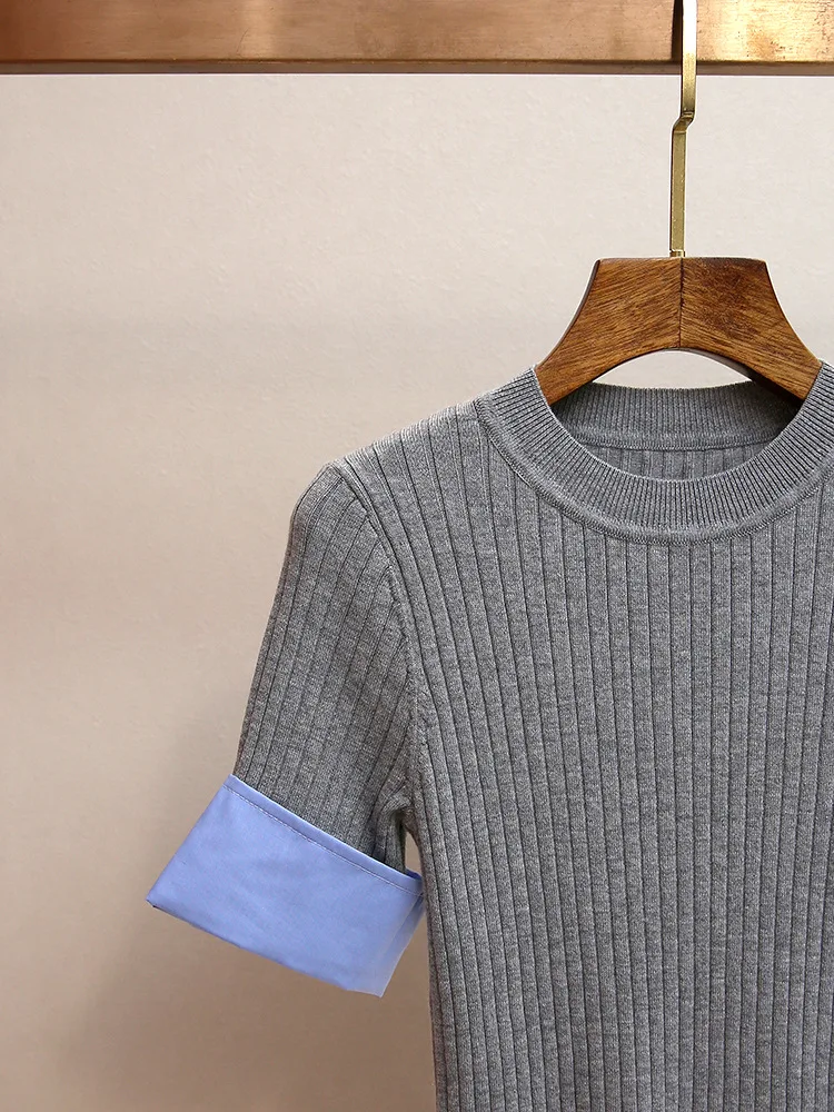 Spring/Fall Women O-Neck Short Sleeve Spliced Cuff Contrast Solid Knit Top Ribbed Slim Casual Fashion Knitwear Pullover
Spring/Fall Women O-Neck Short Sleeve Spliced Cuff Contrast Solid Knit Top Ribbed Slim Casual Fashion Knitwear Pullover