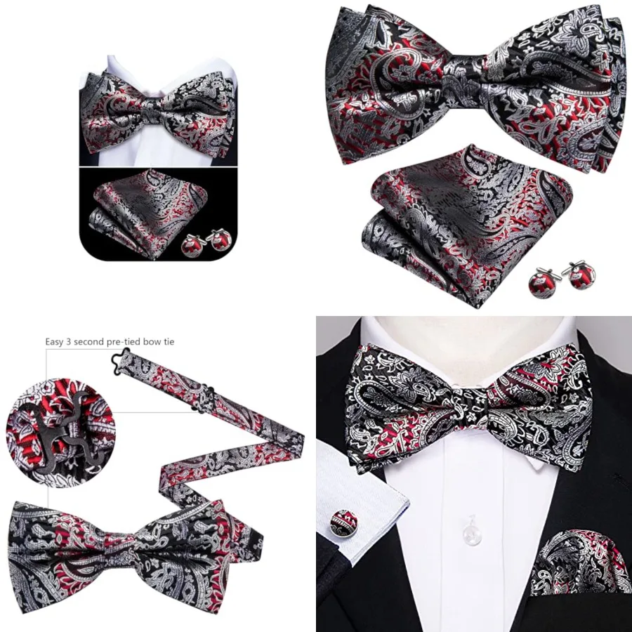 Paisley Striped Bow Tie for Men Silk Pre-Tied Bowtie Pocket Square Cufflinks Set Formal Wedding Party Prom, B Grey Black Red
Paisley Striped Bow Tie for Men Silk Pre-Tied Bowtie Pocket Square Cufflinks Set Formal Wedding Party Prom, B Grey Black Red