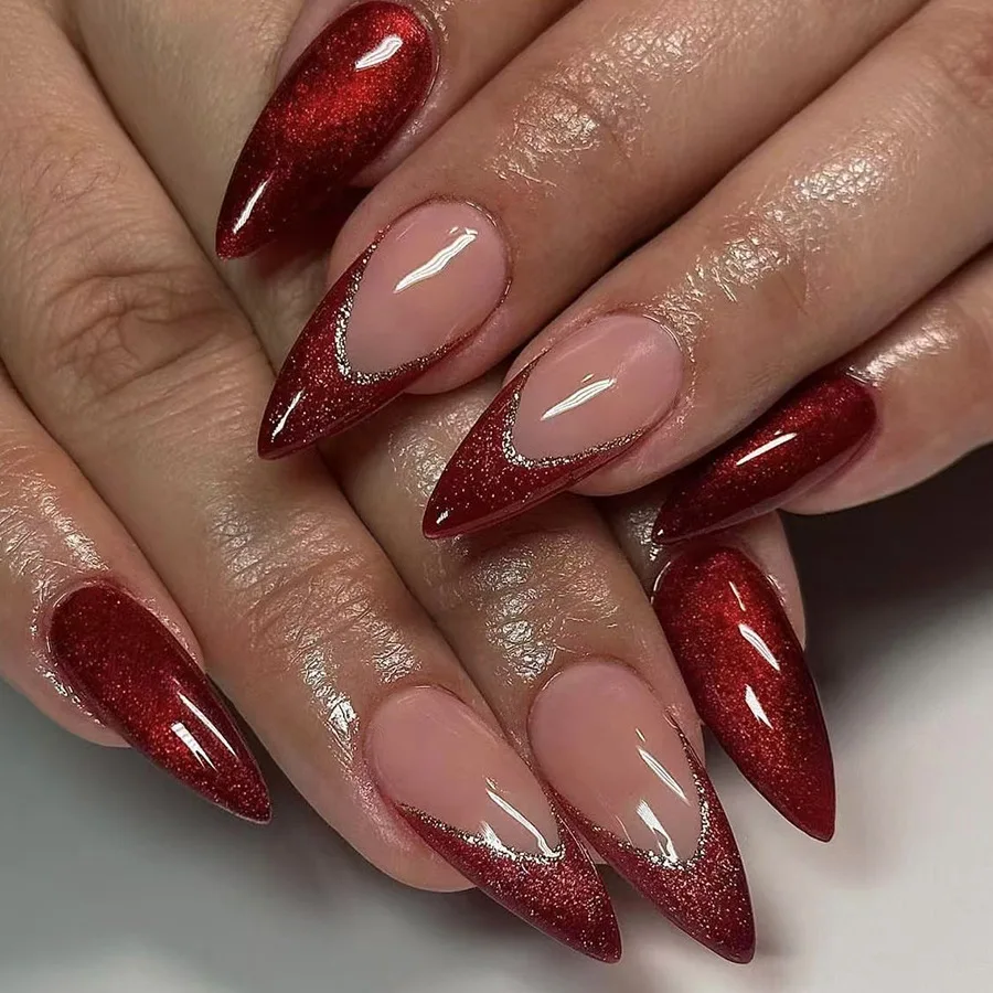 24pcs Wine Red French Fake Nails with Shiny Powder Design Press on Nails Tips Long Stiletto False Nail Sets Finished Manicure
24pcs Wine Red French Fake Nails with Shiny Powder Design Press on Nails Tips Long Stiletto False Nail Sets Finished Manicure