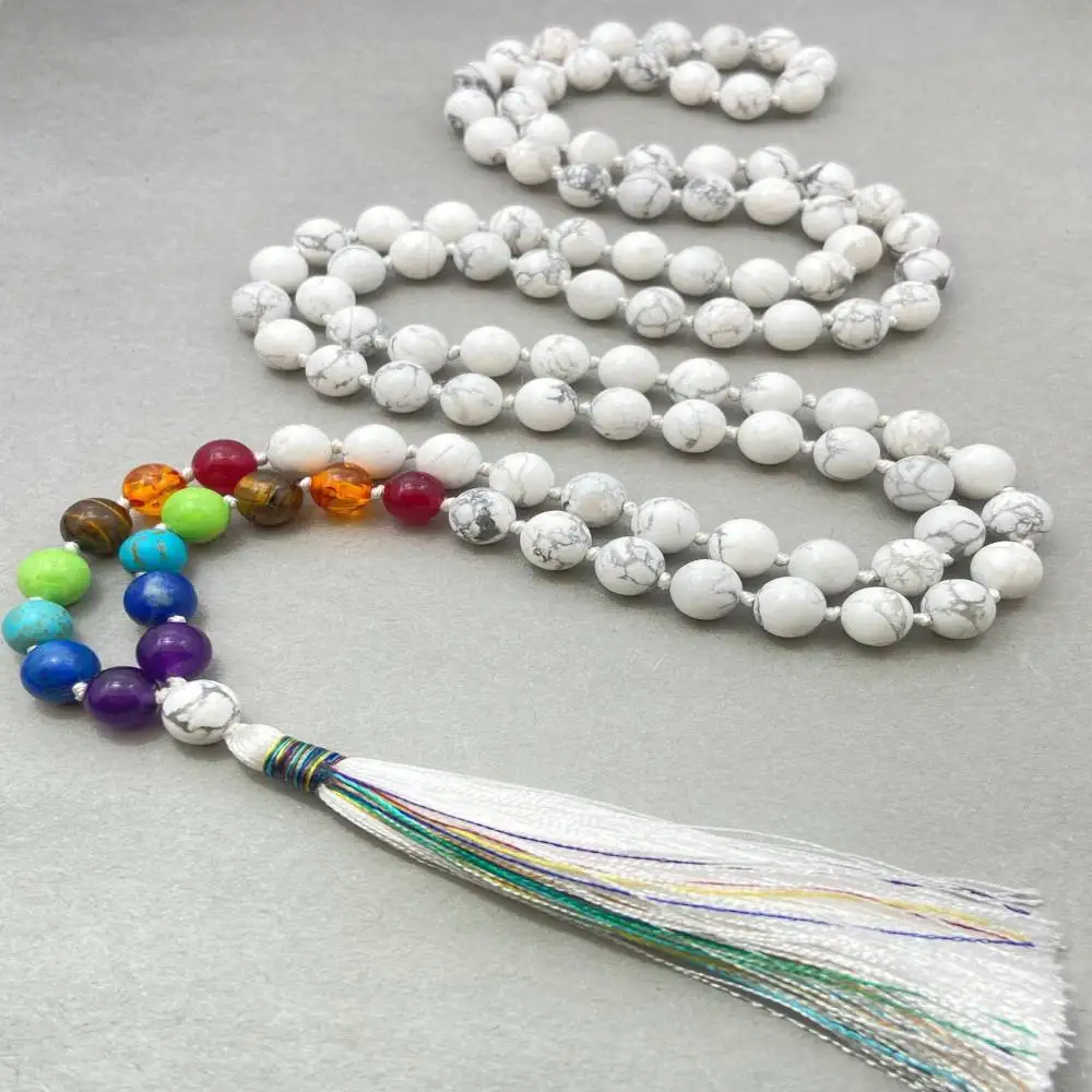 Natural Howlite 108 Beads Mala Necklace with 7 Chakra Accent & Rainbow Tassel Spiritual Meditation Jewelry
Natural Howlite 108 Beads Mala Necklace with 7 Chakra Accent & Rainbow Tassel Spiritual Meditation Jewelry