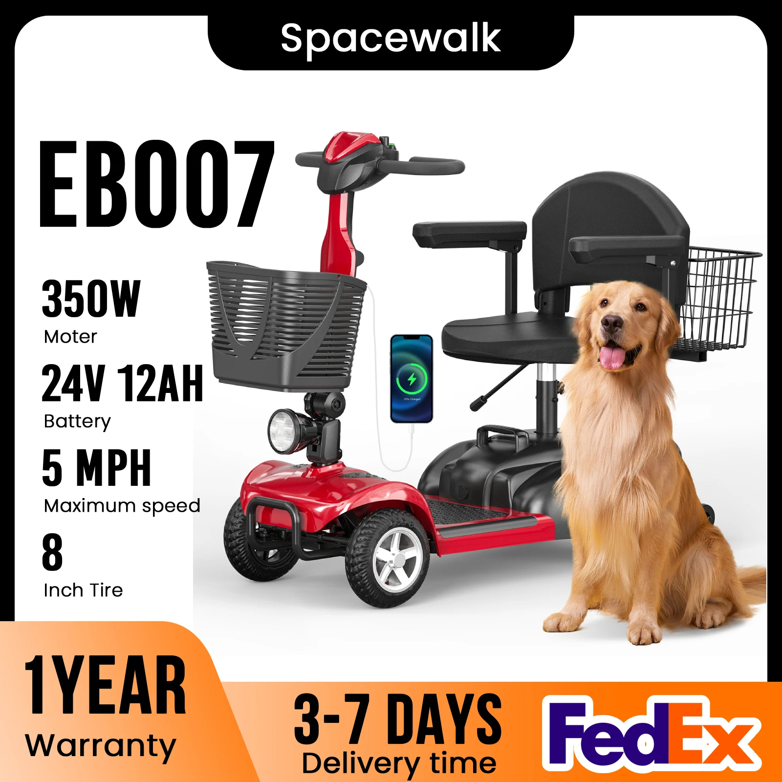 Spacewalk 4 Wheel Mobility Scooter for Seniors - with Dual Baskets,350W Motor,Foldable Heavy Duty Mobile Scooter for Elderly
Spacewalk 4 Wheel Mobility Scooter for Seniors - with Dual Baskets,350W Motor,Foldable Heavy Duty Mobile Scooter for Elderly