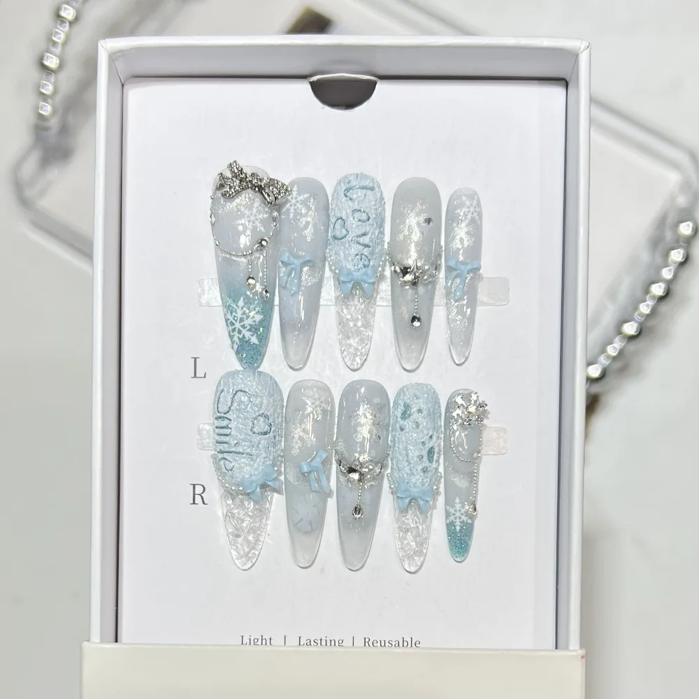 10 Pieces Winter Ice Snow Elves Handmade Press On Nails Translucent Light Blue White Snowflake Bow Cat Fake Nails Art
10 Pieces Winter Ice Snow Elves Handmade Press On Nails Translucent Light Blue White Snowflake Bow Cat Fake Nails Art