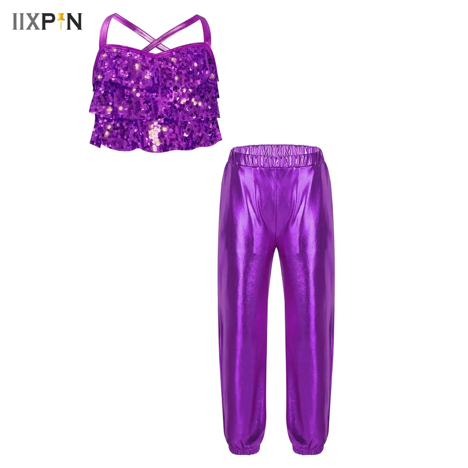 Kids Girls Jazz Dance Costume 2Pcs Glittery Sequins Tiered Ruffles Cross Back Metallic Crop Top+Metallic Dance Pants Streetwear
Kids Girls Jazz Dance Costume 2Pcs Glittery Sequins Tiered Ruffles Cross Back Metallic Crop Top+Metallic Dance Pants Streetwear