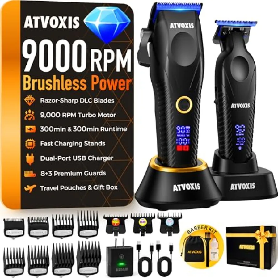 9000 RPM Brushless Motor Professional Hair Clippers Set for Men: Cordless Clippers and Zero Gap Trimmers with DLC Blades LED Di
9000 RPM Brushless Motor Professional Hair Clippers Set for Men: Cordless Clippers and Zero Gap Trimmers with DLC Blades LED Di