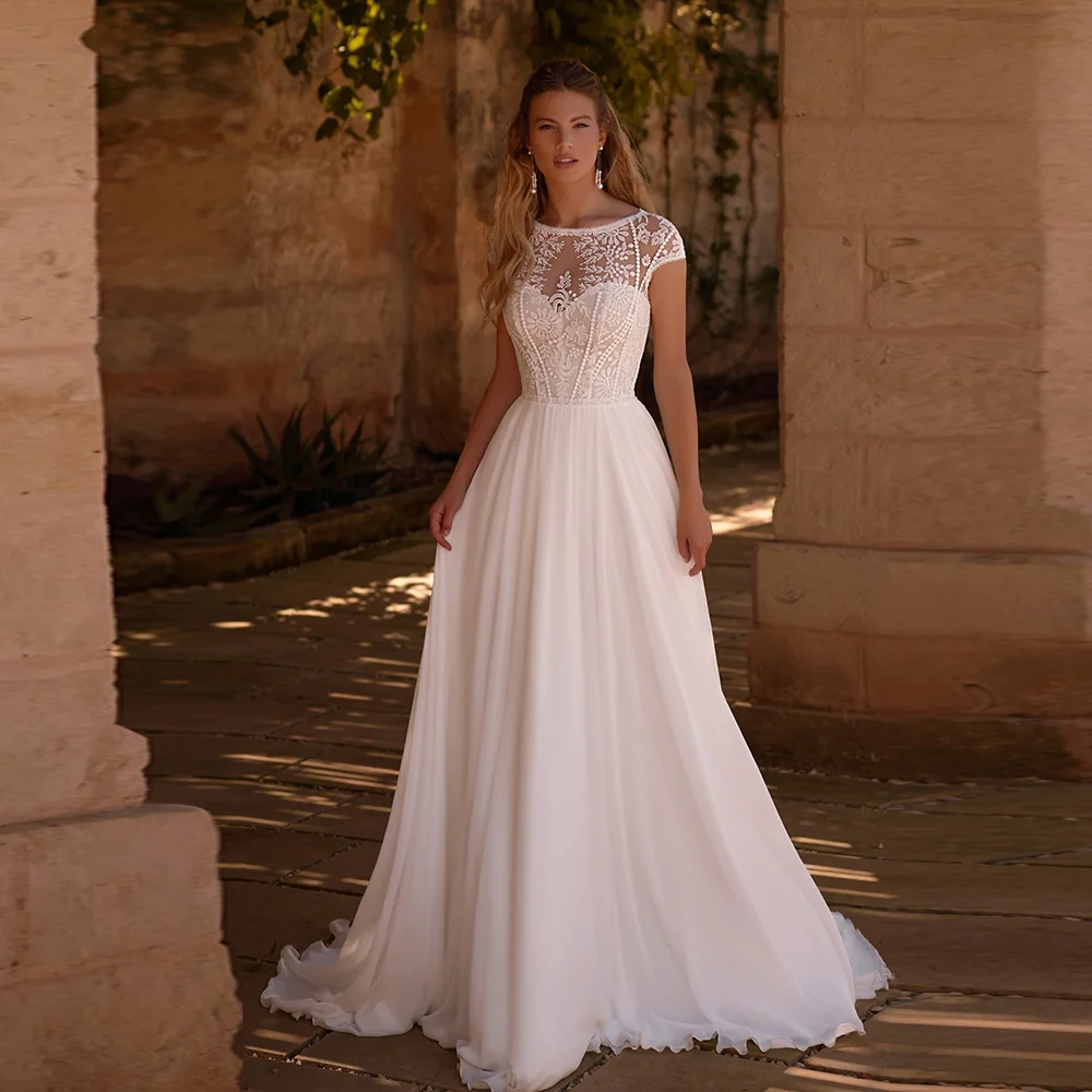 Customized Bohemian Chiffon Sheer-Neck Bridal Lace Wedding Bridal Dress Lace up Sweep Court Wedding Party Gown
Customized Bohemian Chiffon Sheer-Neck Bridal Lace Wedding Bridal Dress Lace up Sweep Court Wedding Party Gown