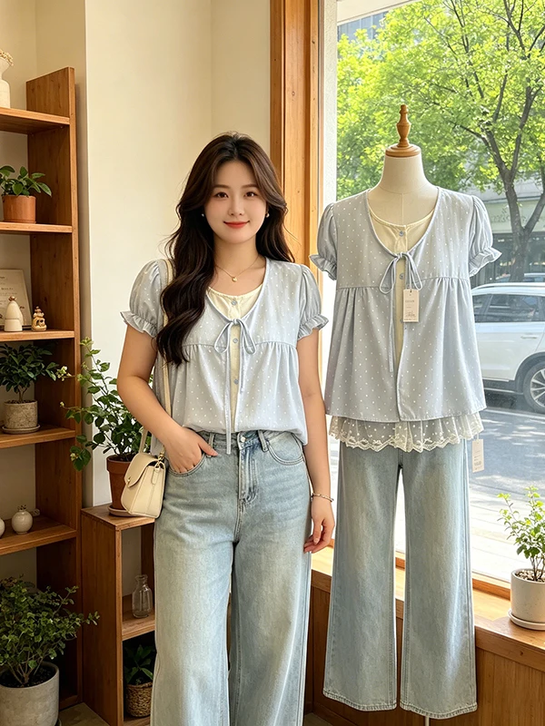 Summer 2026 plus Size Mint Green Polka Dot Knot Short Sleeve Shirt Top Women's Korean Style Commute Fashion Breathable
Summer 2026 plus Size Mint Green Polka Dot Knot Short Sleeve Shirt Top Women's Korean Style Commute Fashion Breathable