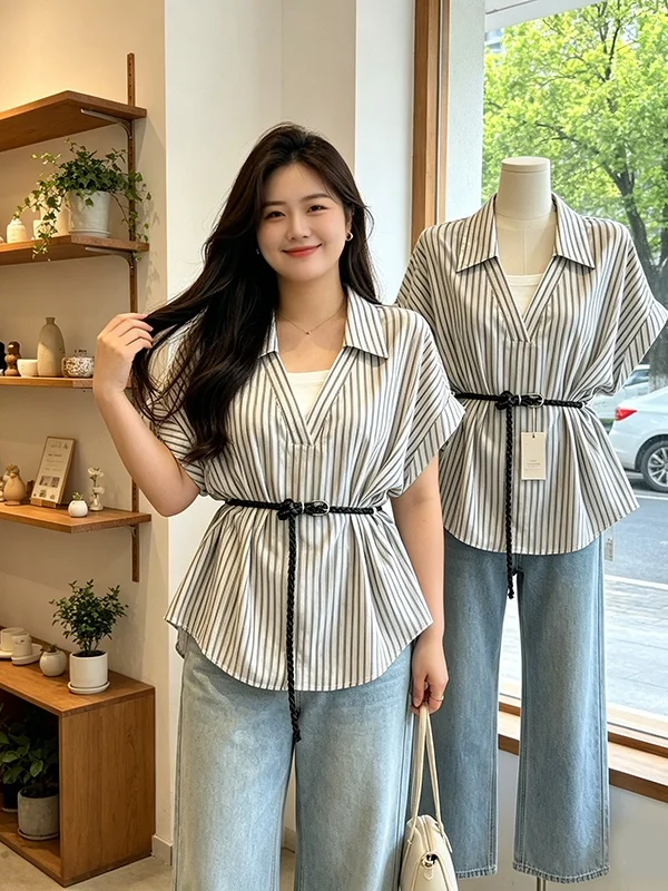 plus Size Women's Fashionable Slim Fit Shirt Korean Style Belted Waist V-Neck Short Sleeve Top Versatile Summer New Arrival
plus Size Women's Fashionable Slim Fit Shirt Korean Style Belted Waist V-Neck Short Sleeve Top Versatile Summer New Arrival