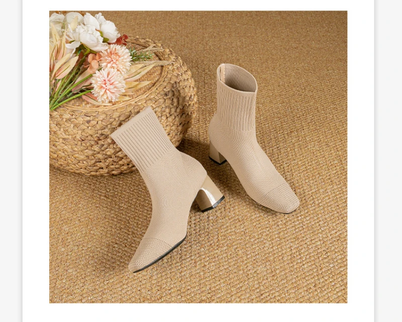 Black Square Toe Knit Sock Boots Elastic Slim Thick Block Heel High Heels Short Boots Fashion Autumn Casual Skinny Ankle Boots 23 S9c77fb08710f4726a27dea1b15b92a78s