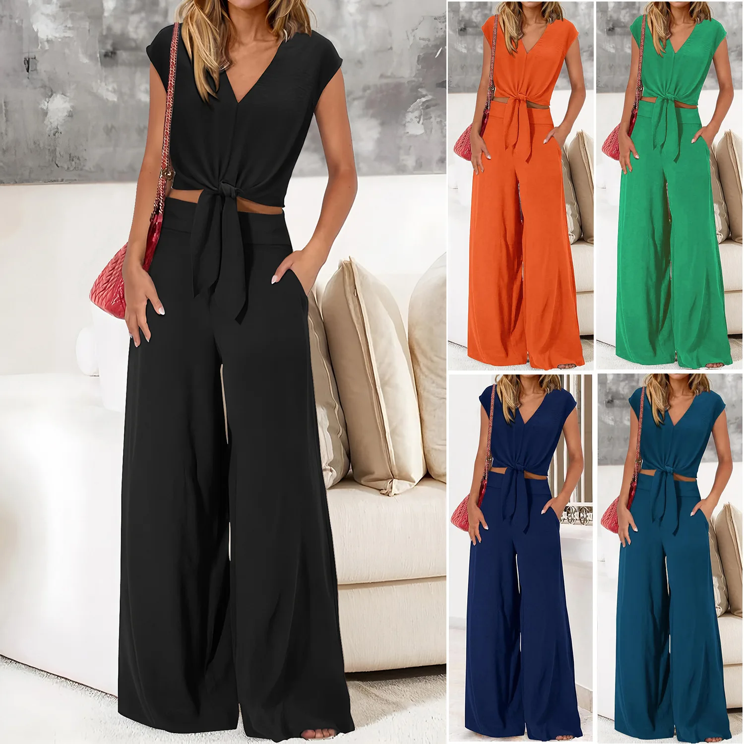 Elegant Solid Two Piece Set For Woman Fashion Short Sleeve V Neck Tops+High Waist Pants Sets Outfits Lady Office Womens Clothing
Elegant Solid Two Piece Set For Woman Fashion Short Sleeve V Neck Tops+High Waist Pants Sets Outfits Lady Office Womens Clothing