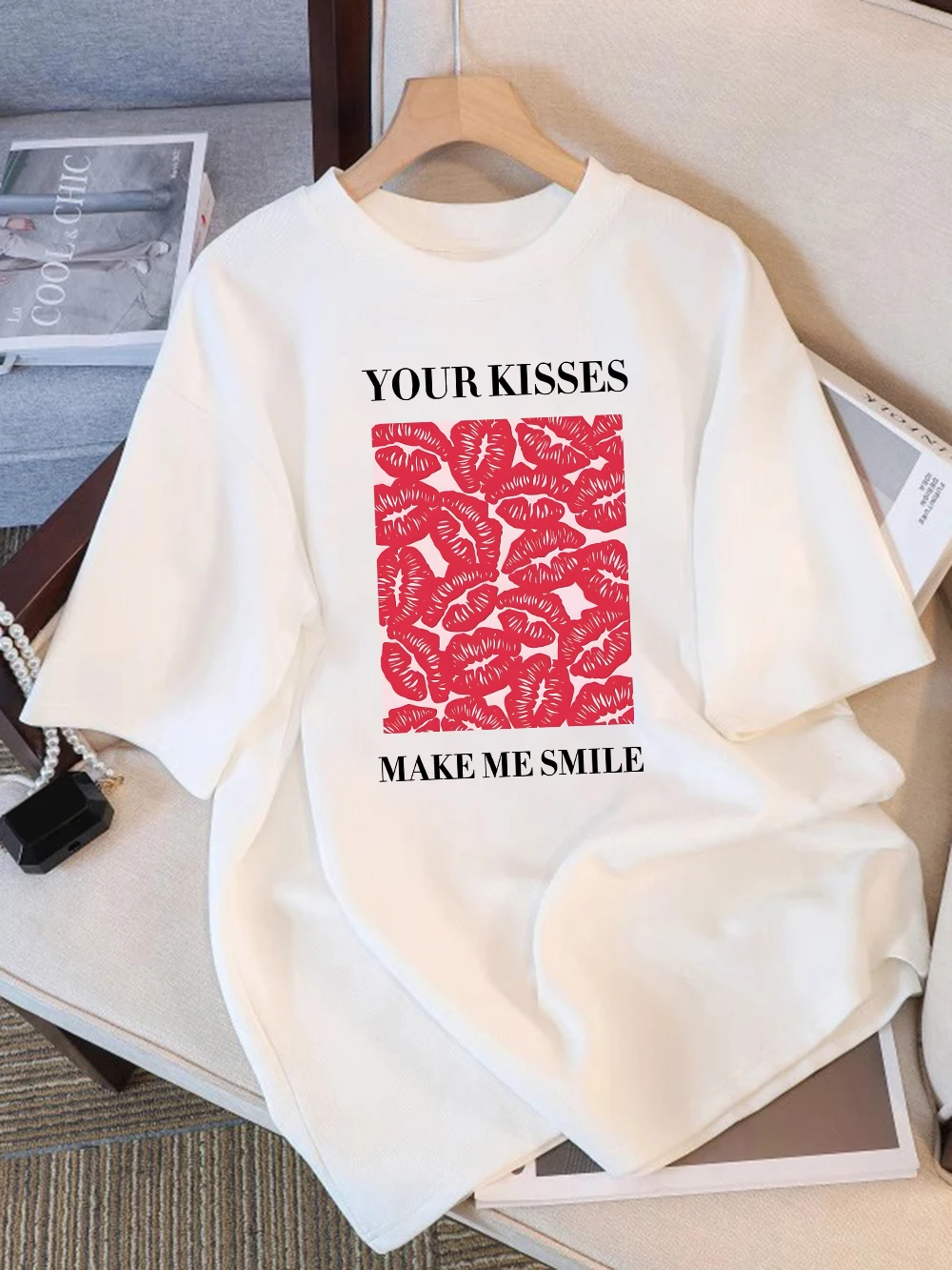 Summer T-Shirts Cotton Womens Your Kisses Make Me Smile Printed Short Sleeve Soft Loose O-Neck Tops All-Match Womans Clothes
Summer T-Shirts Cotton Womens Your Kisses Make Me Smile Printed Short Sleeve Soft Loose O-Neck Tops All-Match Womans Clothes