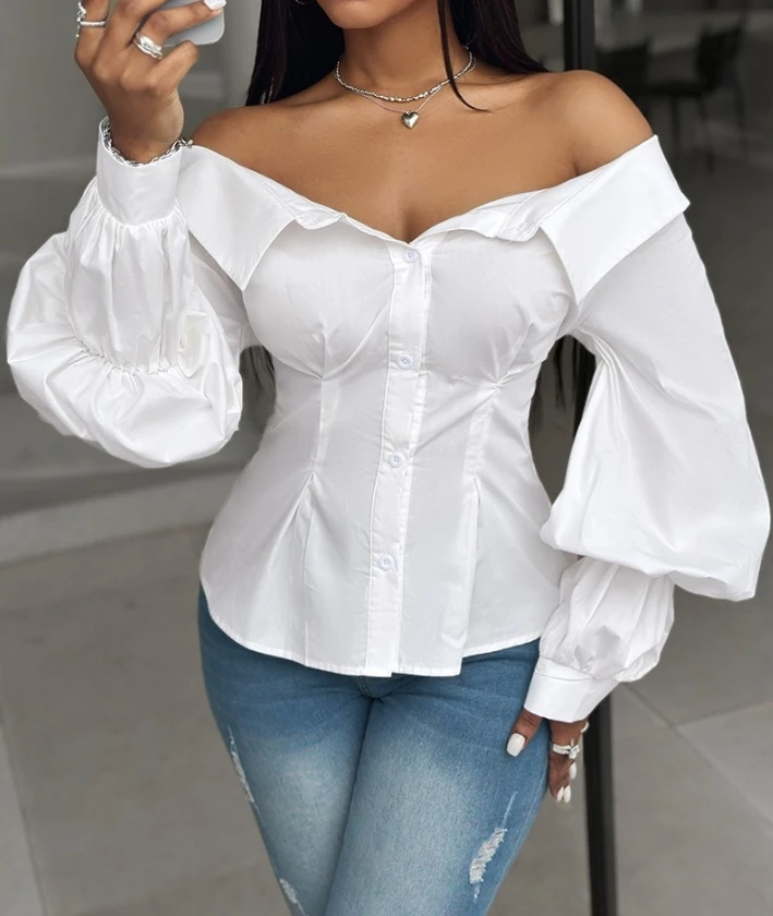 Sexy Elegant Blouses Shirt One Shoulder Lantern Sleeve Button Up Shirt New Fashion 2024 Summer Casual Female Clothing
Sexy Elegant Blouses Shirt One Shoulder Lantern Sleeve Button Up Shirt New Fashion 2024 Summer Casual Female Clothing