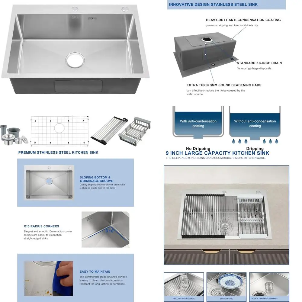 Stainless Steel 28 Inch Topmount Single Bowl Kitchen Sink with 9 Inch Depth and Dish Rack for Roll Edge Design
Stainless Steel 28 Inch Topmount Single Bowl Kitchen Sink with 9 Inch Depth and Dish Rack for Roll Edge Design