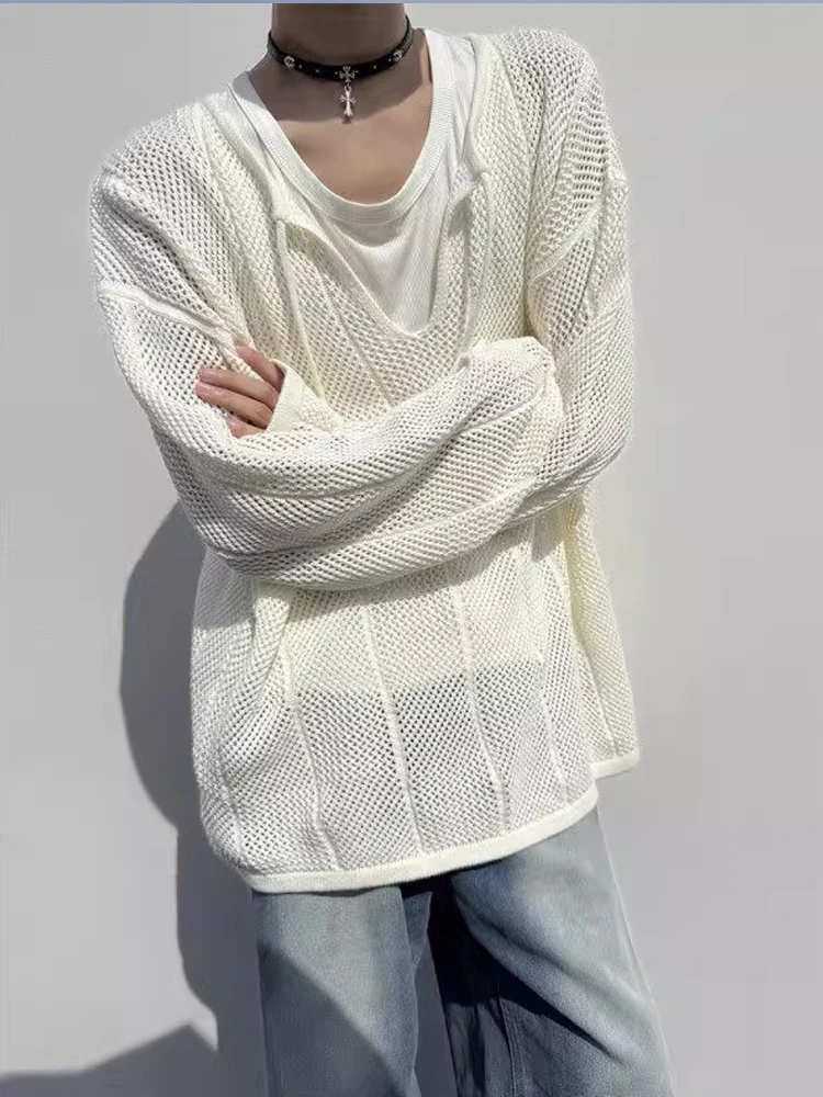 Белый ленивый свободный вязаный полый топ, мужская летняя тонкая модная легкая солнцезащитная футболка с v-образным вырезом, повседневная одежда 
Белый ленивый свободный вязаный полый топ, мужская летняя тонкая модная легкая солнцезащитная футболка с v-образным вырезом, повседневная одежда