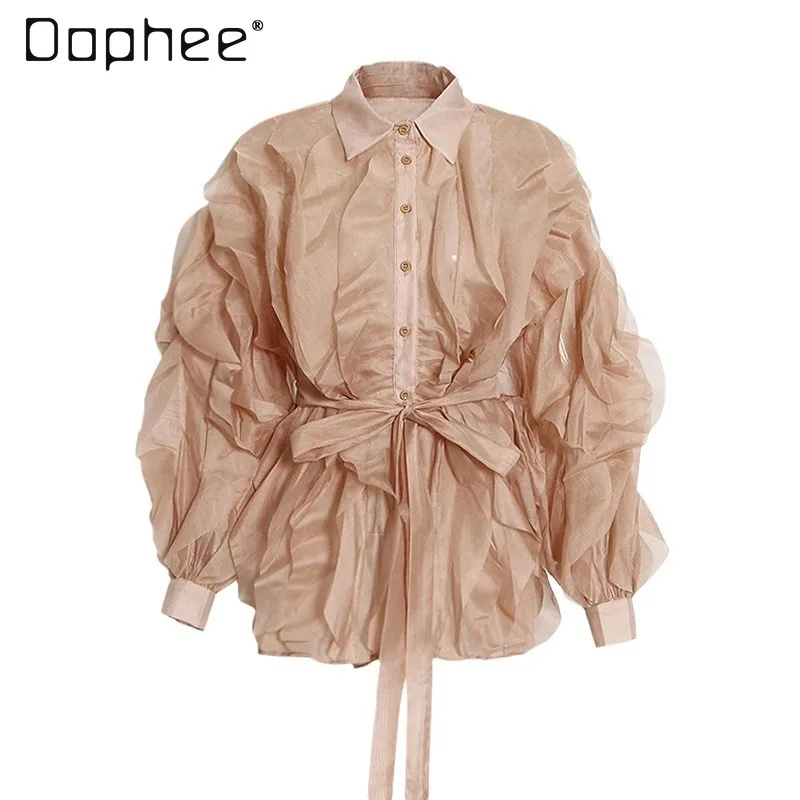 Ruffle Shirts Women Lace Up Irregular See Through Lapel Long Sleeve Single-breasted Loose Blouse Casual Elegant Solid Tops
Ruffle Shirts Women Lace Up Irregular See Through Lapel Long Sleeve Single-breasted Loose Blouse Casual Elegant Solid Tops