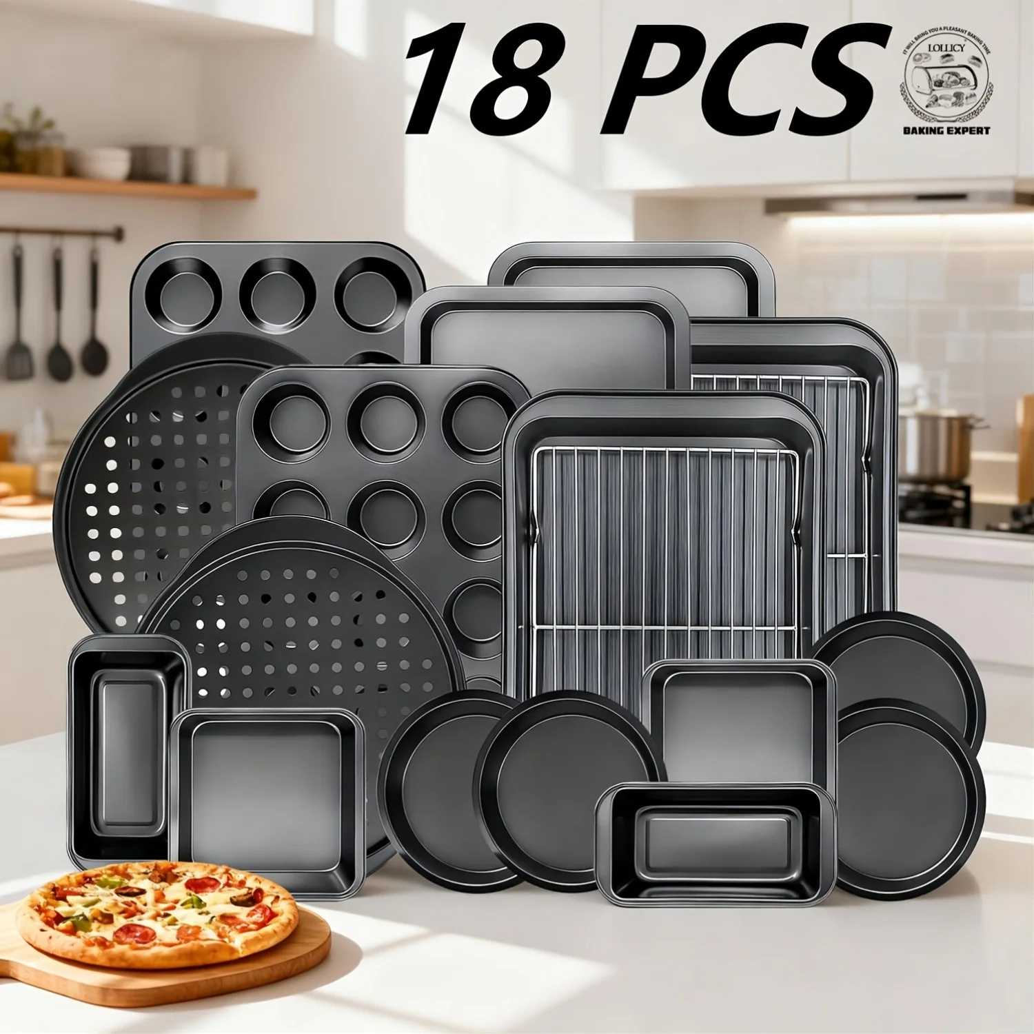 LOLLICY 11/12/15/18pcs Non-Stick Bakeware Set, Black/Blue/Pink/Golden/Grey, Heavy-Duty Carbon Steel, W/Cooling Racks, Heart Molds, Pizza & Muffin Trays, Ideal For Christmas Holiday Baking & Daily Home Kitchen Use
LOLLICY 11/12/15/18pcs Non-Stick Bakeware Set, Black/Blue/Pink/Golden/Grey, Heavy-Duty Carbon Steel, W/Cooling Racks, Heart Molds, Pizza & Muffin Trays, Ideal For Christmas Holiday Baking & Daily Home Kitchen Use