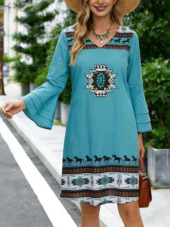 Ladies Western national style printed V-neck long sleeve dress
Ladies Western national style printed V-neck long sleeve dress