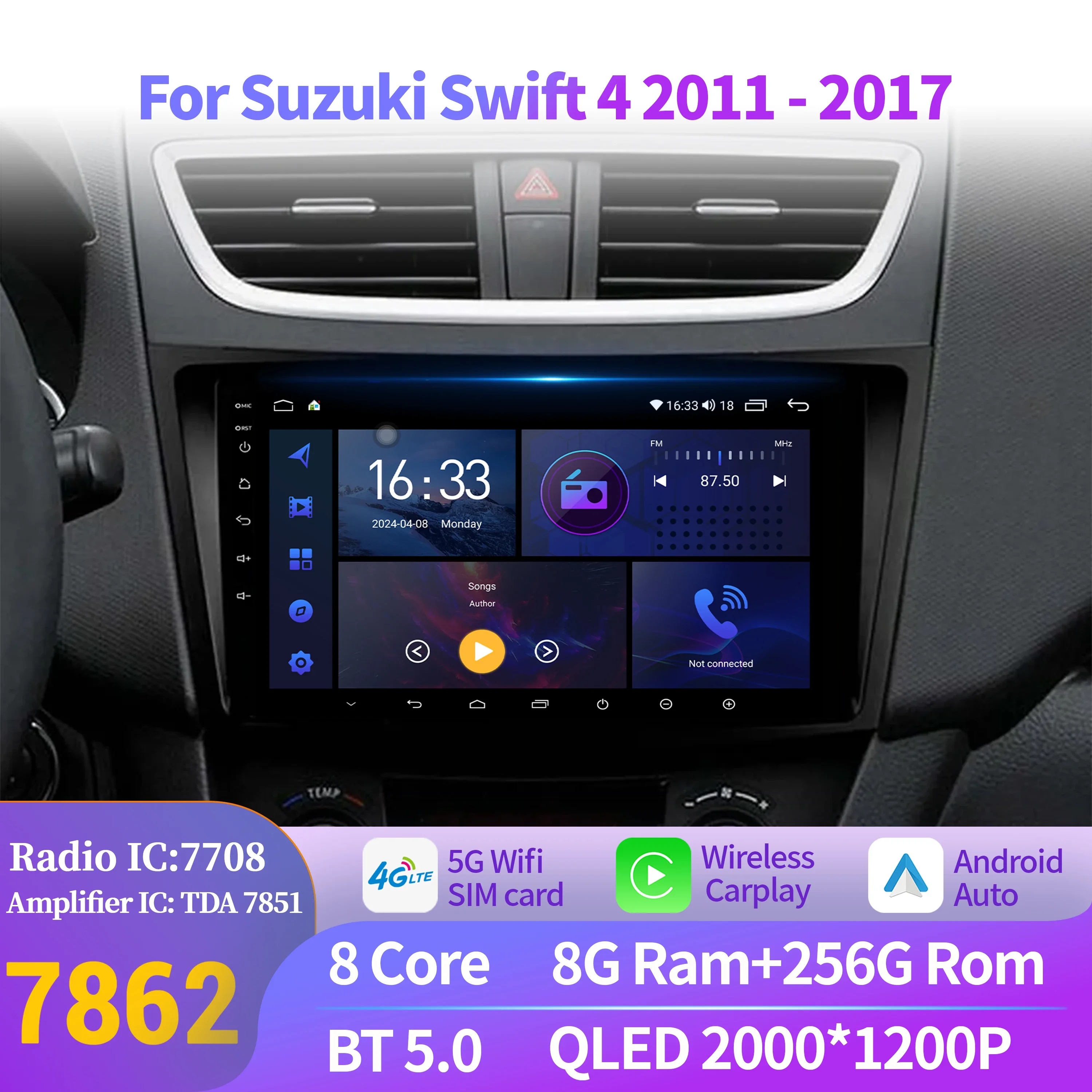 For Suzuki Swift 4 2011-2017 Car Radio Multimedia Android 14 Wireless BT CarPlay Navigation 7862S 8G 256G 2K QLED Screen Stereo
For Suzuki Swift 4 2011-2017 Car Radio Multimedia Android 14 Wireless BT CarPlay Navigation 7862S 8G 256G 2K QLED Screen Stereo