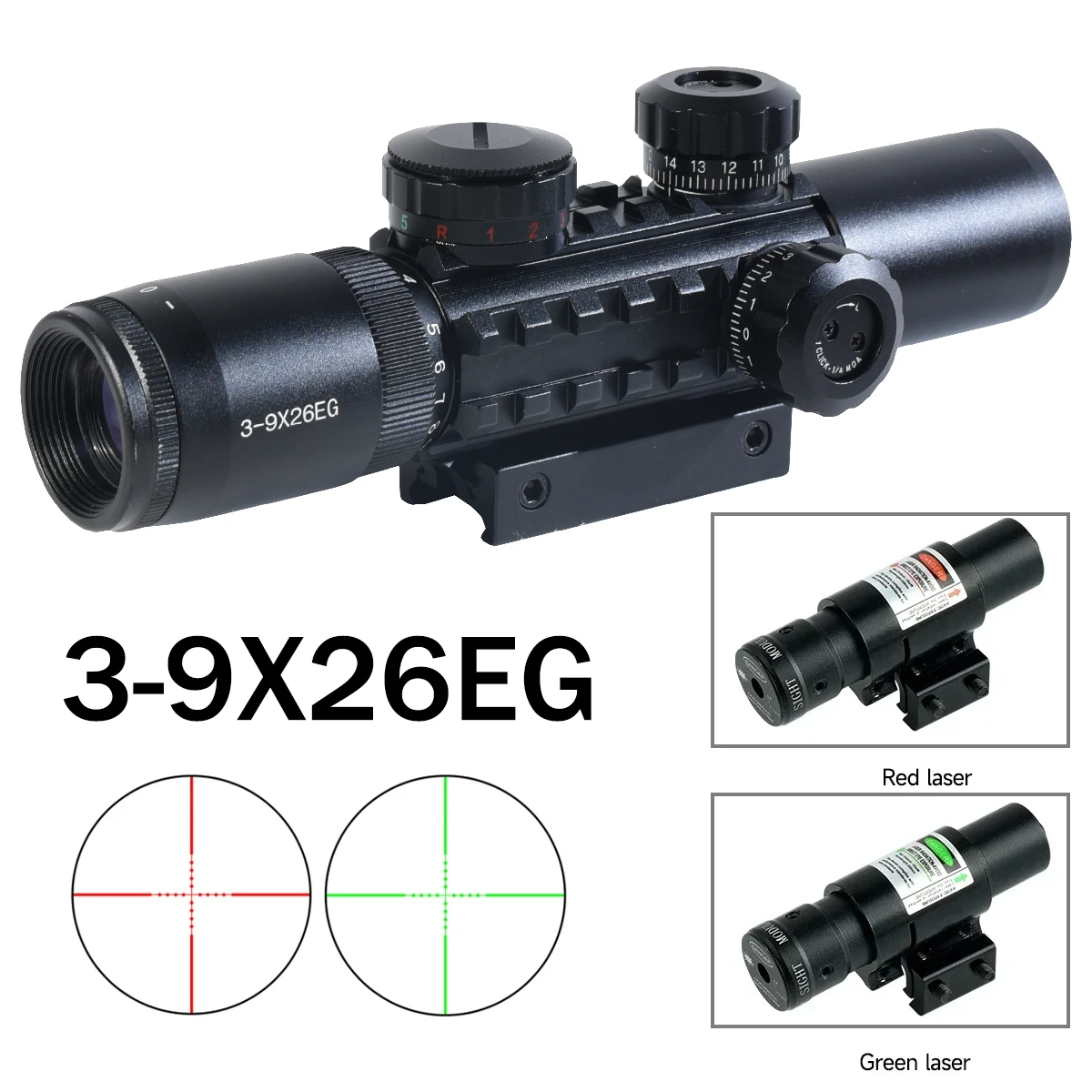 Tactical 3-9X26EG Scope Red/Green Laser Sight Combo Riflescopes Outdoors Hunting Optical Reflex Scope Airsoft Accessory
Tactical 3-9X26EG Scope Red/Green Laser Sight Combo Riflescopes Outdoors Hunting Optical Reflex Scope Airsoft Accessory