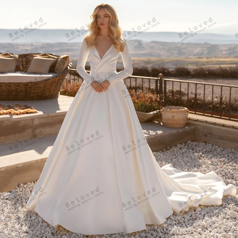 Simple Satin Wedding Dresses A-Line Classic Bridal Gowns V-Neck Full Sleeves Floor Length Robes For Party 2024 Vestidos De Novia
Simple Satin Wedding Dresses A-Line Classic Bridal Gowns V-Neck Full Sleeves Floor Length Robes For Party 2024 Vestidos De Novia
