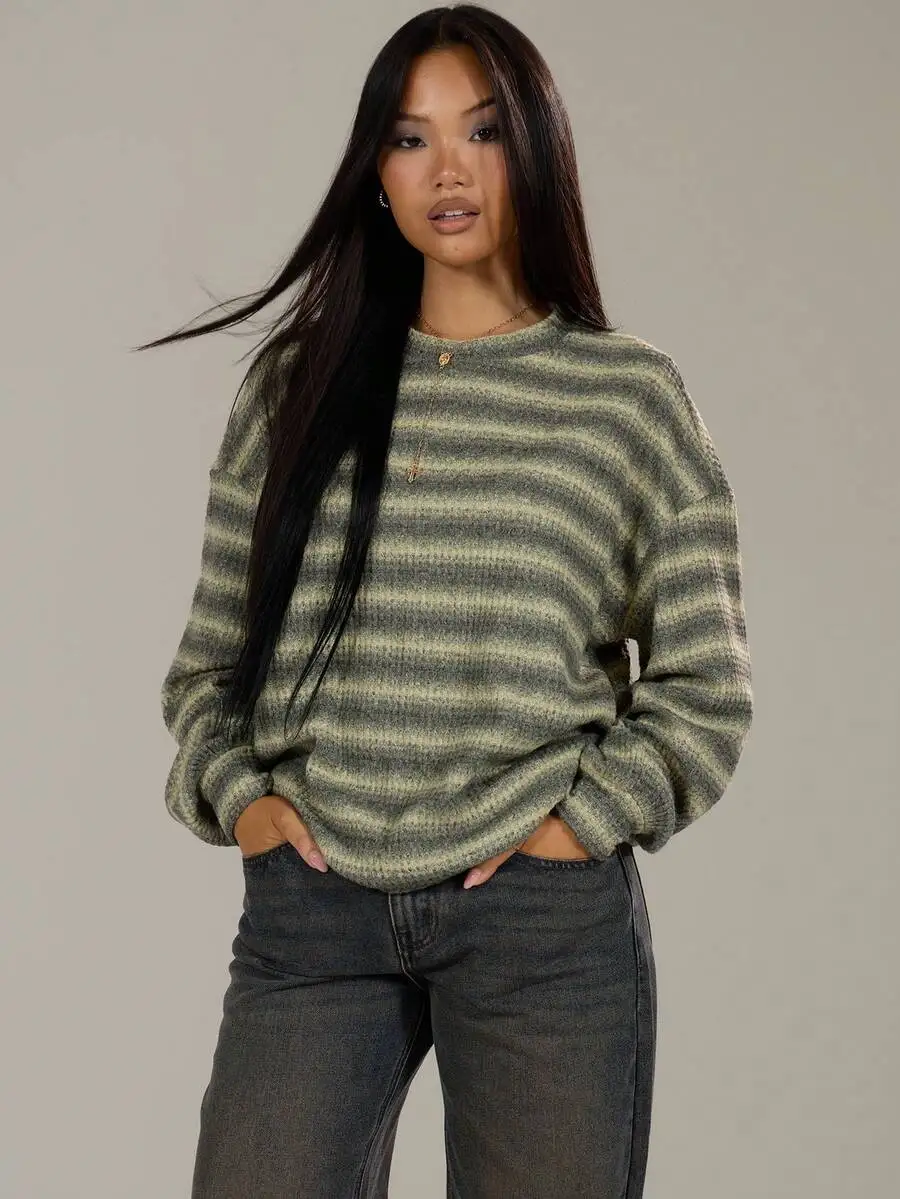 Oversized Crew Neck Striped Knit Sweater - Loose Fit Spring Casual Pullover
Oversized Crew Neck Striped Knit Sweater - Loose Fit Spring Casual Pullover