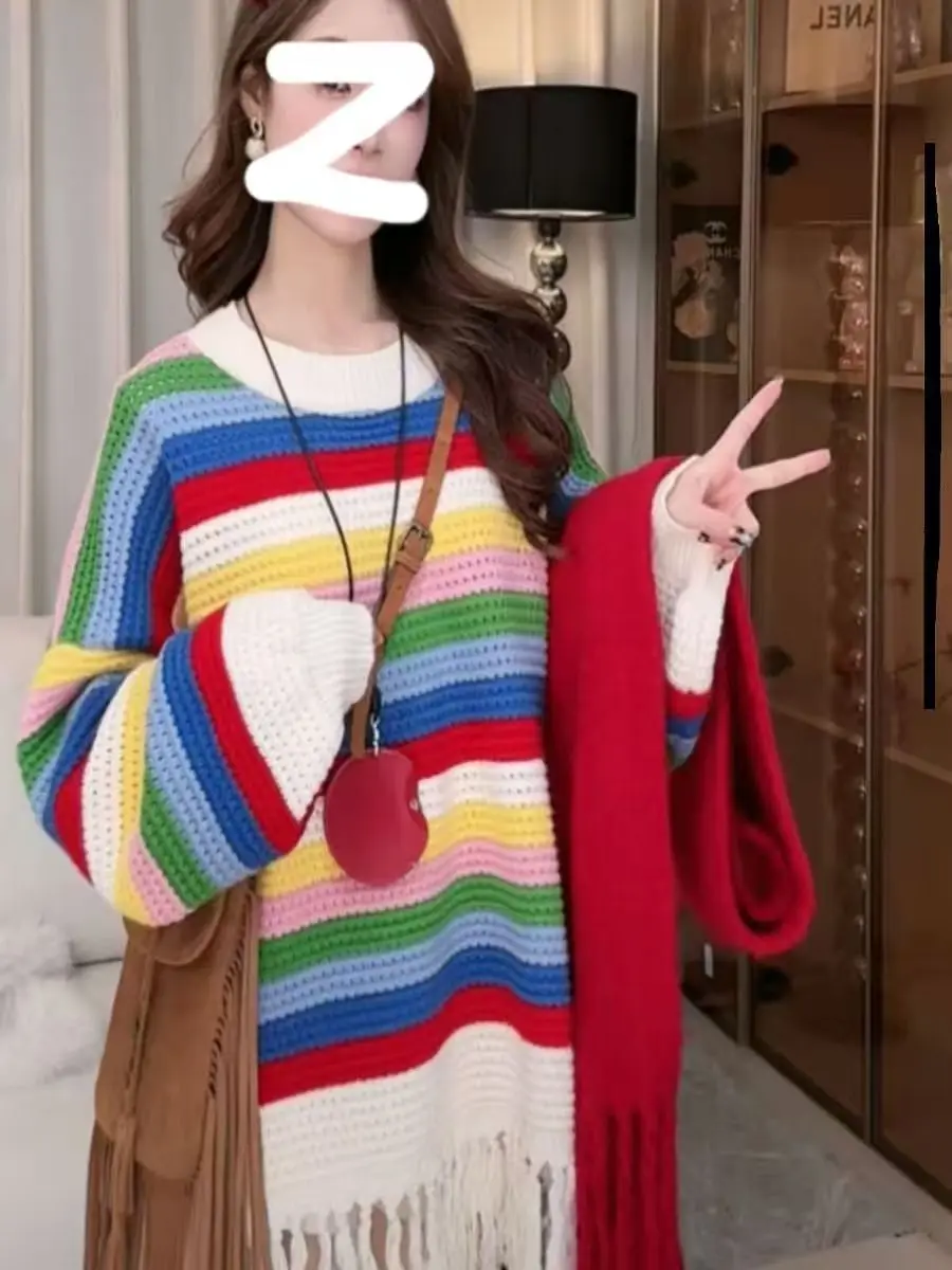 Tassel Rainbow Striped Hollow Out Knitted Sweater Women Jumpers Long Sleeve Casual Korean Loose Knitwear Pullover Spring 2026
Tassel Rainbow Striped Hollow Out Knitted Sweater Women Jumpers Long Sleeve Casual Korean Loose Knitwear Pullover Spring 2026