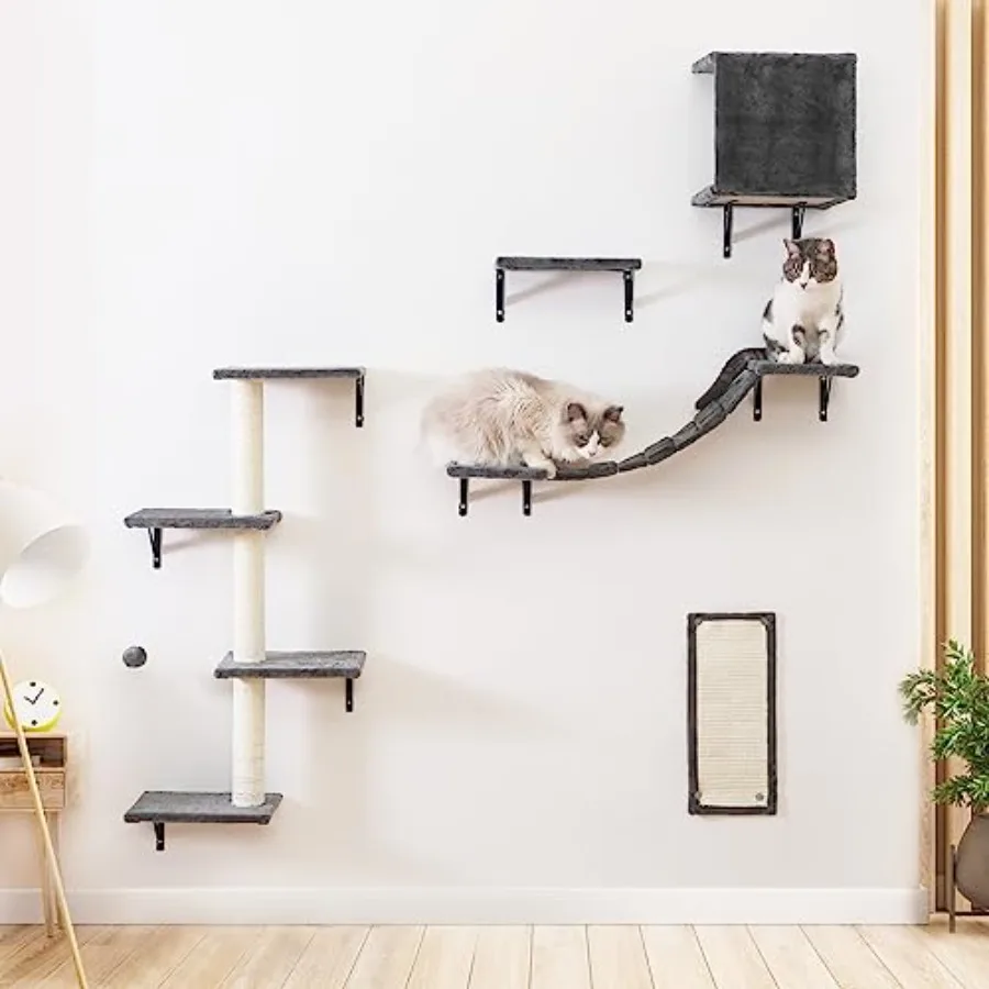 Modern Wall-Mounted Cat Furniture - 5pcs Wooden Cat Wall Shelves with House Bridge Tree Steps and Scratcher in Gray for Indoor
Modern Wall-Mounted Cat Furniture - 5pcs Wooden Cat Wall Shelves with House Bridge Tree Steps and Scratcher in Gray for Indoor