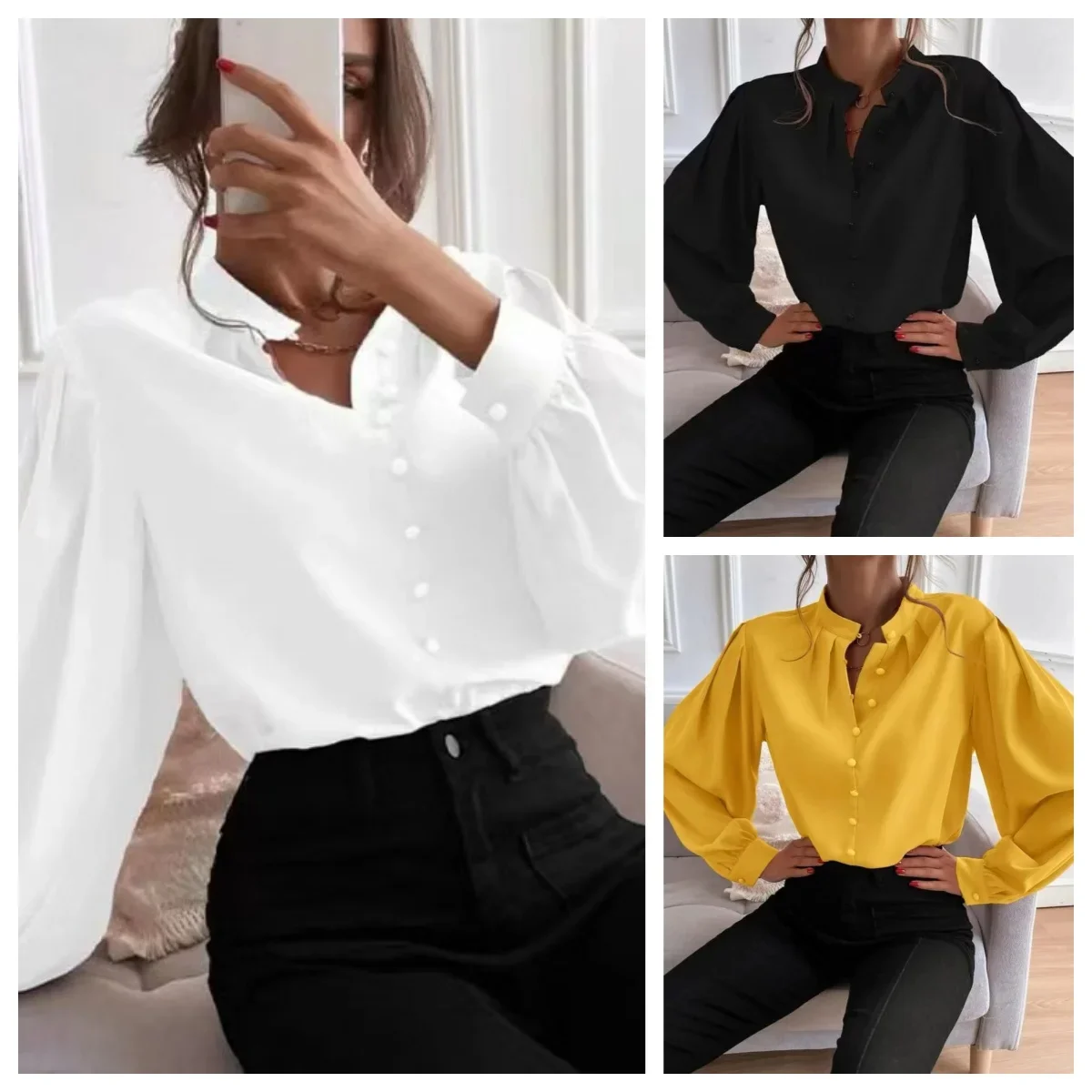 Pop Spring And Summer New Commuter Style Solid Colour Round Neck Long Sleeve Single-breasted Ladies Shirt
Pop Spring And Summer New Commuter Style Solid Colour Round Neck Long Sleeve Single-breasted Ladies Shirt