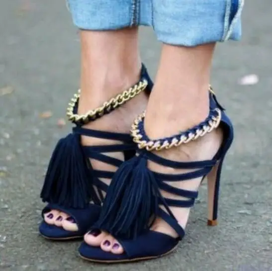 Dark Blue Suede Tassel Fringed Peep Toe Hollow Sandals Gold Chain Ankle Wrap Zipper Back Thin Heels Summer Sandals Party Shoes
Dark Blue Suede Tassel Fringed Peep Toe Hollow Sandals Gold Chain Ankle Wrap Zipper Back Thin Heels Summer Sandals Party Shoes