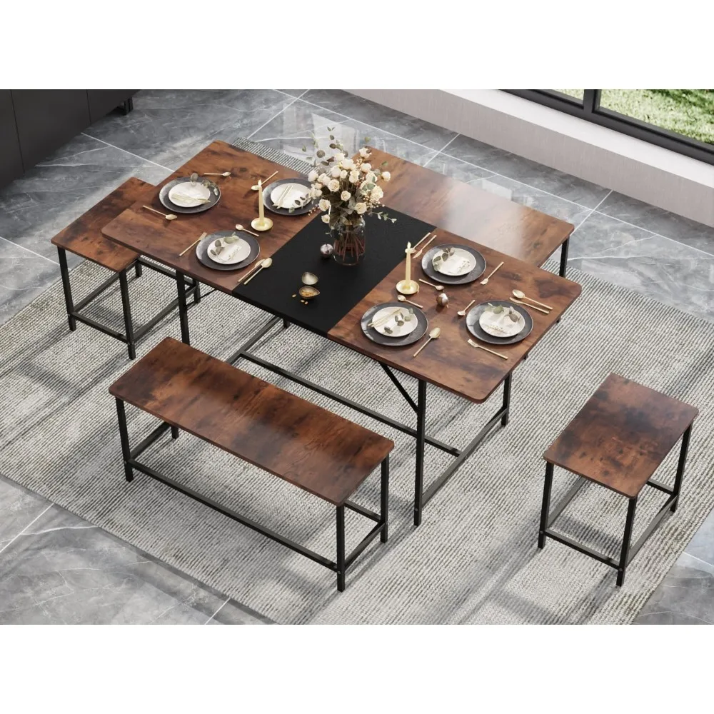 5 Piece Dining Table Set for 4-6, 63 Extendable Dining Room Table with 2 Benches & 2 Stools, Farmhouse Kitchen Table and Chairs
5 Piece Dining Table Set for 4-6, 63 Extendable Dining Room Table with 2 Benches & 2 Stools, Farmhouse Kitchen Table and Chairs
