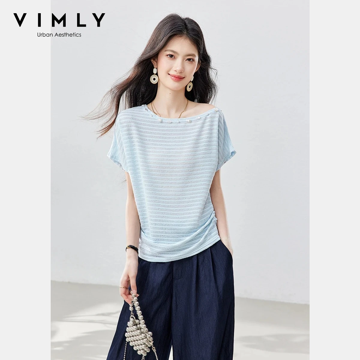 VIMLY Elegant Blue Striped Top women 2026 Summer Fashion Off-Shoulder Beaded Short Sleeve Tee Casual Loose Fit Knit Top 30999
VIMLY Elegant Blue Striped Top women 2026 Summer Fashion Off-Shoulder Beaded Short Sleeve Tee Casual Loose Fit Knit Top 30999