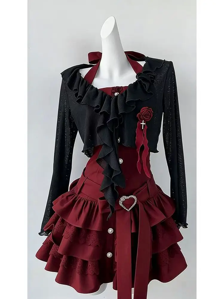 Sweet Lolita Vintage Wine Red Black Ruffle Bow Button Cardigan Halter Tiered Cake Skirt 2 Piece Set Women Summer Party Outfit
Sweet Lolita Vintage Wine Red Black Ruffle Bow Button Cardigan Halter Tiered Cake Skirt 2 Piece Set Women Summer Party Outfit
