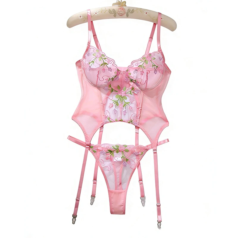 Women's Underwear See Through Lingerie Set with Garter Belt Pink Tulle Sexy Lingerie Romantic Floral Embroidery Bra Panties Set
Women's Underwear See Through Lingerie Set with Garter Belt Pink Tulle Sexy Lingerie Romantic Floral Embroidery Bra Panties Set