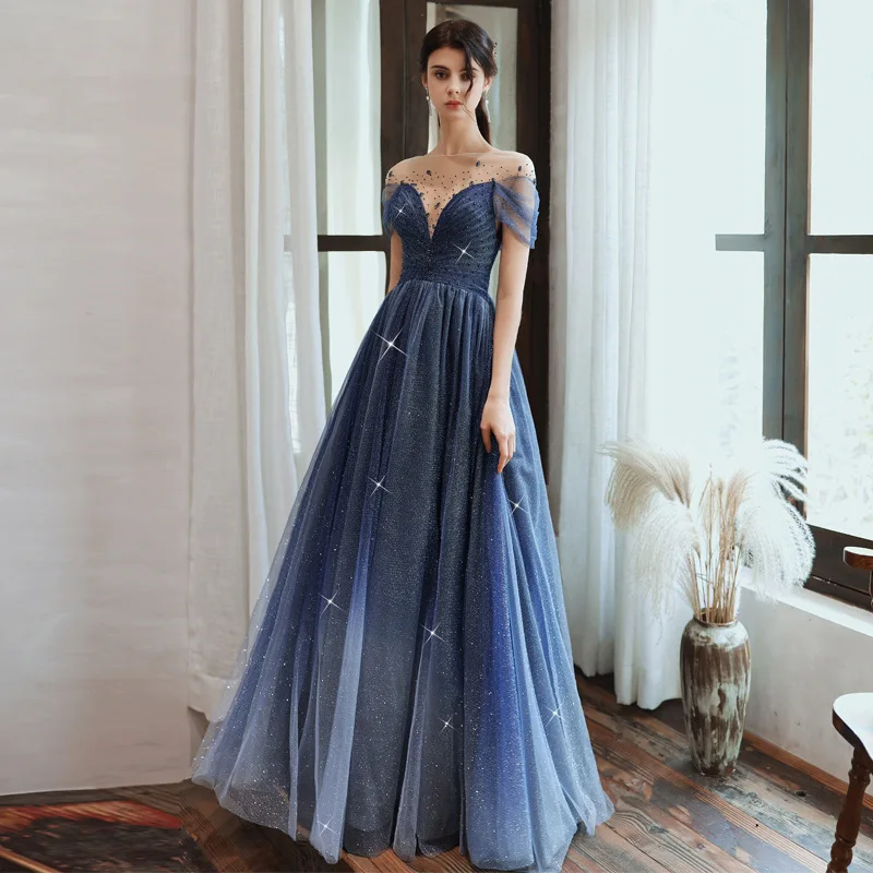 Sparkling Blue Evening Dress Elegant Gauze O-Neck Formal Banquet Dresses Tulle A-Line Floor-Length Sexy Prom Dresses
Sparkling Blue Evening Dress Elegant Gauze O-Neck Formal Banquet Dresses Tulle A-Line Floor-Length Sexy Prom Dresses