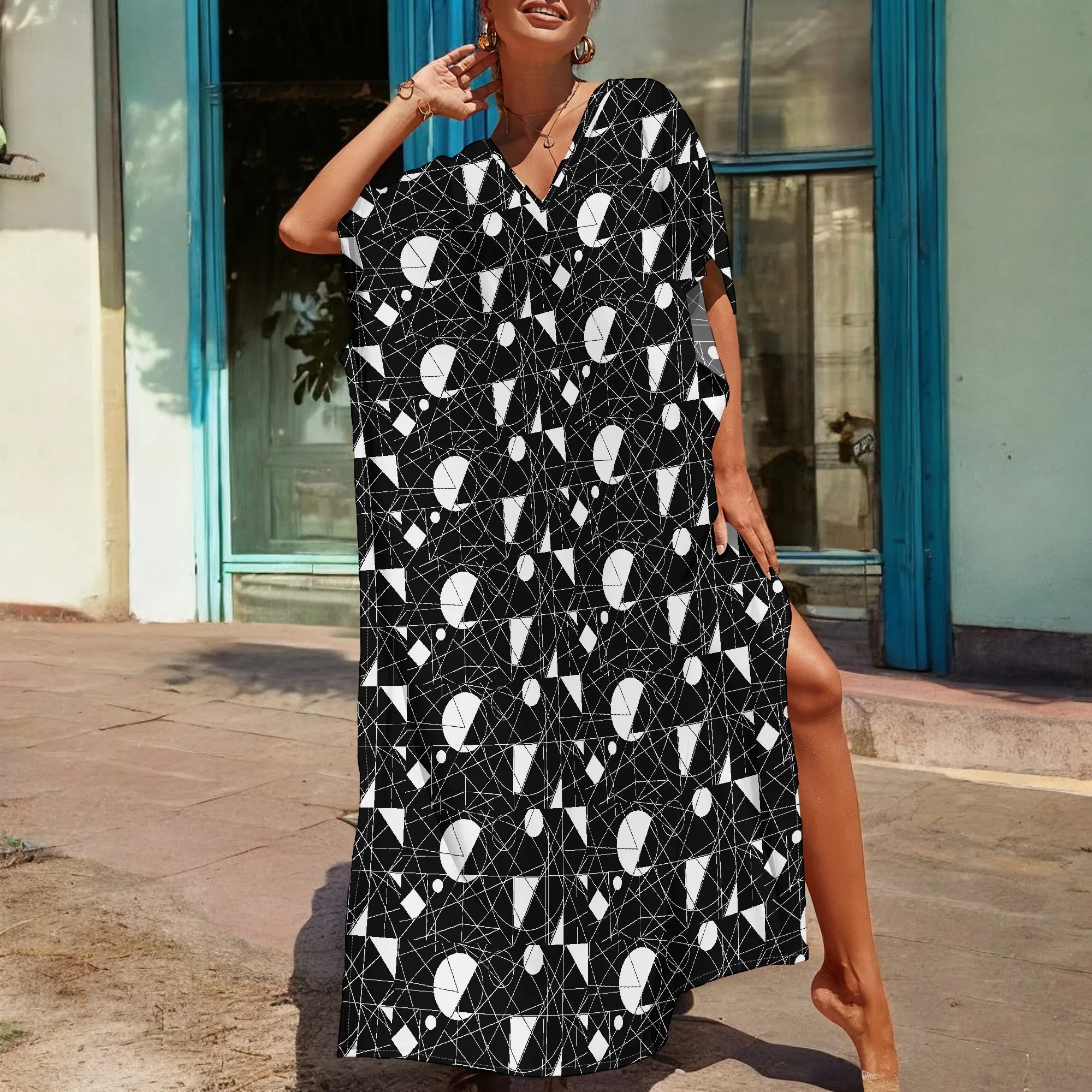 Geometric Black and White Kaftan Dress S-3XL Afro Style V-Neck Loose Gown for Art Festival or Evening Party
Geometric Black and White Kaftan Dress S-3XL Afro Style V-Neck Loose Gown for Art Festival or Evening Party