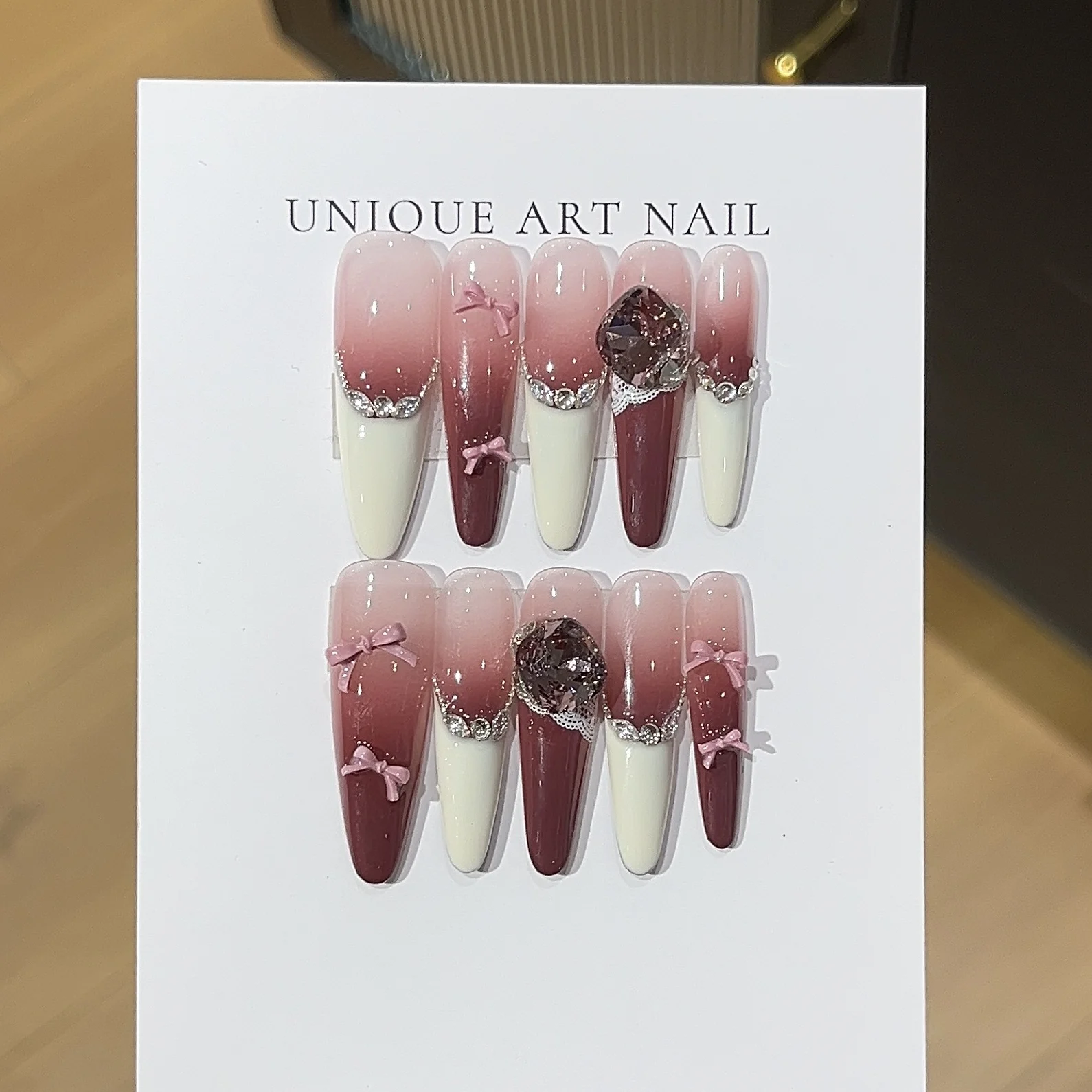 Long Almond Handmade Press On Nails Wine Red Fake Nails Glitter Big Crystal Decor Fashion White French False Nail Tips Wearable
Long Almond Handmade Press On Nails Wine Red Fake Nails Glitter Big Crystal Decor Fashion White French False Nail Tips Wearable