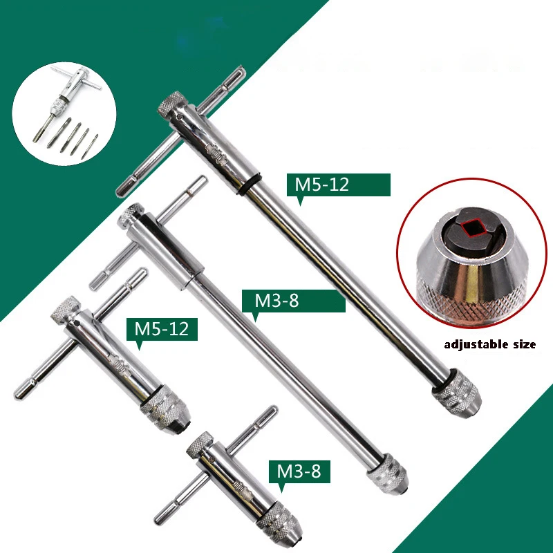 Adjustable Silver T-Handle Ratchet Tap Holder Wrench with 5pcs M3-M8 3mm-8mm Machine Screw Thread Metric Plug T-shaped Tap
Adjustable Silver T-Handle Ratchet Tap Holder Wrench with 5pcs M3-M8 3mm-8mm Machine Screw Thread Metric Plug T-shaped Tap