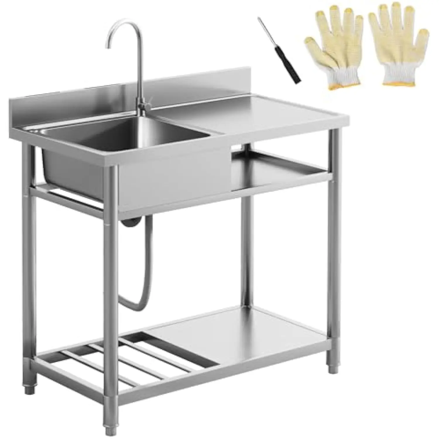 Outdoor Utility Sink, Deep Stainless Steel Sink, Free Standing Single Bowl with Cold and Hot Water Pipe and Storage Shelf
Outdoor Utility Sink, Deep Stainless Steel Sink, Free Standing Single Bowl with Cold and Hot Water Pipe and Storage Shelf