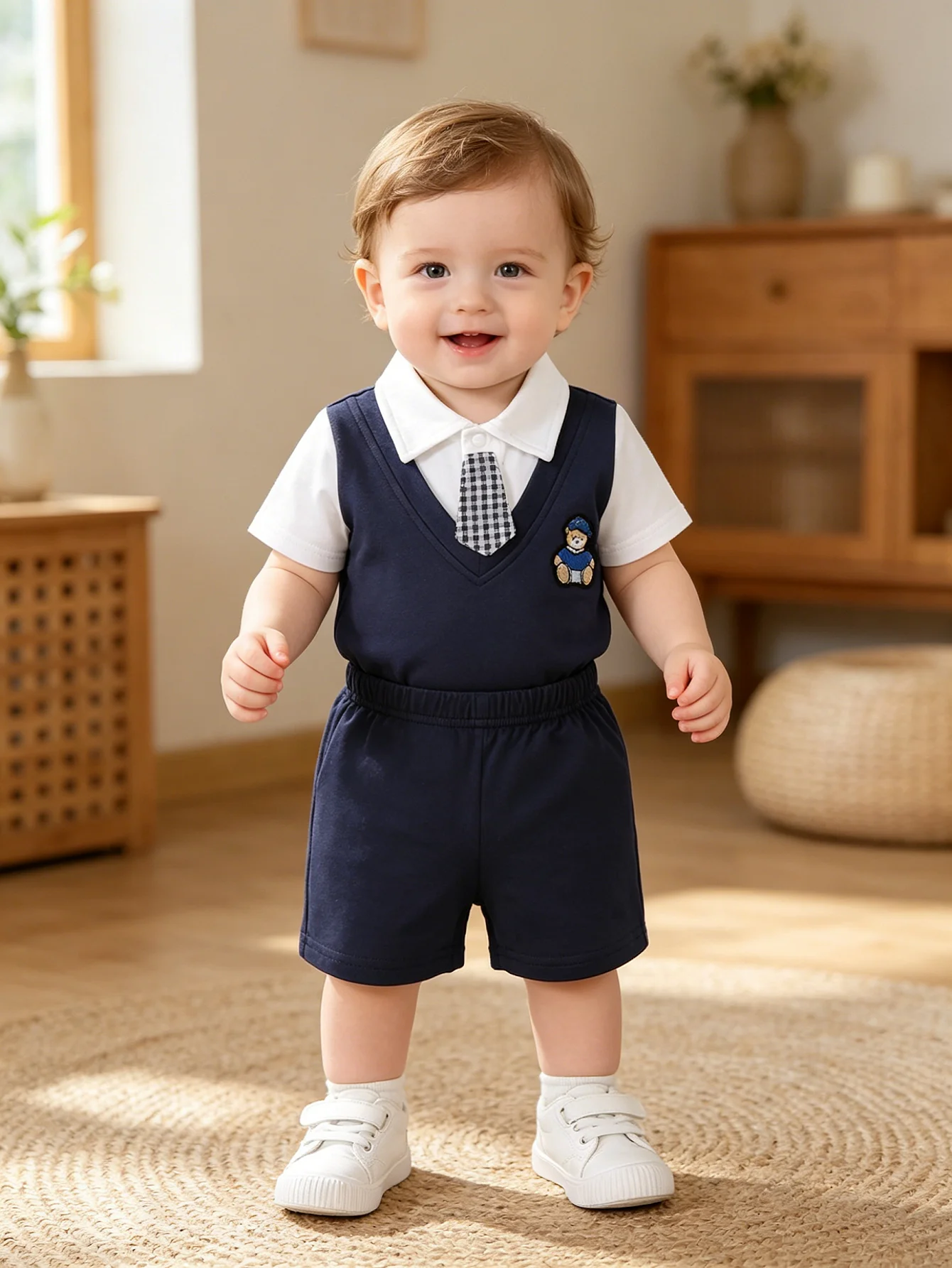 Newborn Academy-Style Short-Sleeve Outfit with Faux Two-Piece Design, Turn-Down Collar, Tie, and Navy Blue Shorts Set, Featuring Cute Bear Embroidery, Infant Gentleman's Clothing, Breathable and Skin-Friendly, Suitable for Baby Boys, Perfect for Photos, P
Newborn Academy-Style Short-Sleeve Outfit with Faux Two-Piece Design, Turn-Down Collar, Tie, and Navy Blue Shorts Set, Featuring Cute Bear Embroidery, Infant Gentleman's Clothing, Breathable and Skin-Friendly, Suitable for Baby Boys, Perfect for Photos, P