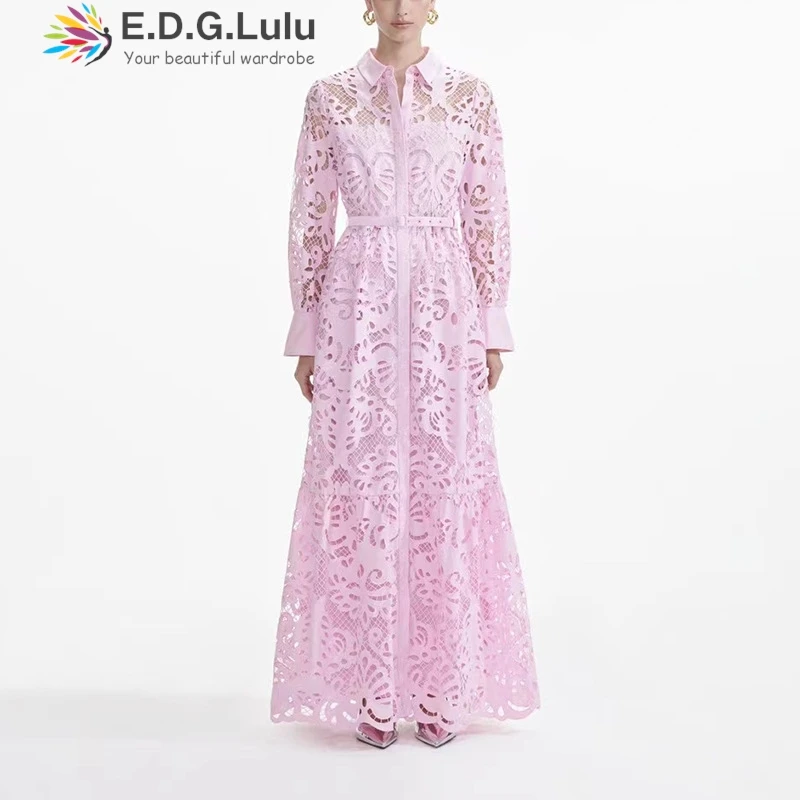 EDGLuLu Turn-Down Collar Long Sleeved Pink Long Dresses For Women 2024 Luxury Fashion Hollow Embroidered Lace Dress+Belt 0709
EDGLuLu Turn-Down Collar Long Sleeved Pink Long Dresses For Women 2024 Luxury Fashion Hollow Embroidered Lace Dress+Belt 0709
