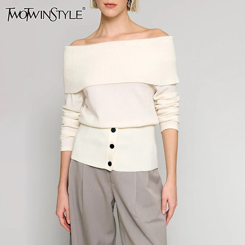 TWOTWINSTYLE Solid Minimalist Knitted Sweater For Women Slash Neck Long Sleeve Spliced Button Slimming Pullover Sweaters Female
TWOTWINSTYLE Solid Minimalist Knitted Sweater For Women Slash Neck Long Sleeve Spliced Button Slimming Pullover Sweaters Female