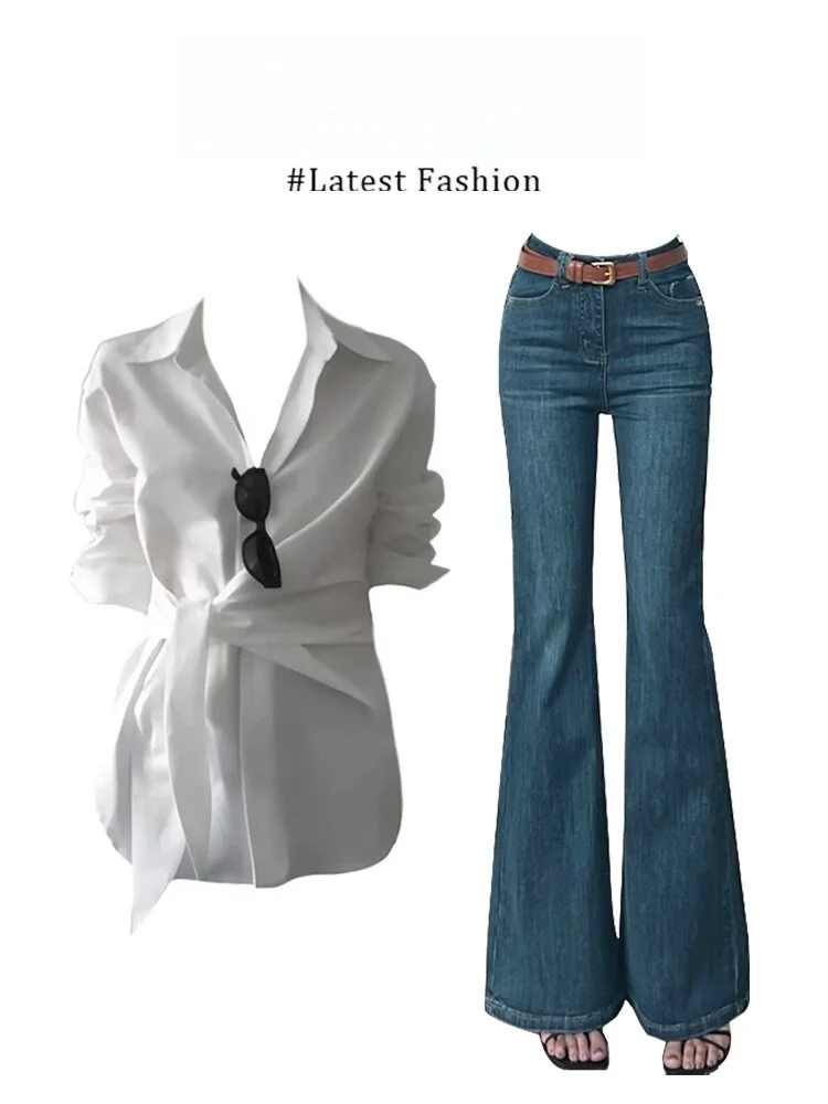 Elegant White Long Sleeve Women's Shirt V-Neck Slim Fit Summer New Design Waist-Cinching Lazy Style Top by MARIE.
Elegant White Long Sleeve Women's Shirt V-Neck Slim Fit Summer New Design Waist-Cinching Lazy Style Top by MARIE.