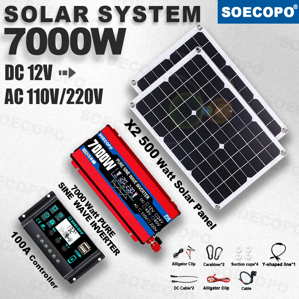 Quiet Operation Pure Sine Wave 7000W Solar Kit 2×500W Panel 100A Controller 12V DC 110V 220V AC Inverter for garden car Off-Grid
Quiet Operation Pure Sine Wave 7000W Solar Kit 2×500W Panel 100A Controller 12V DC 110V 220V AC Inverter for garden car Off-Grid