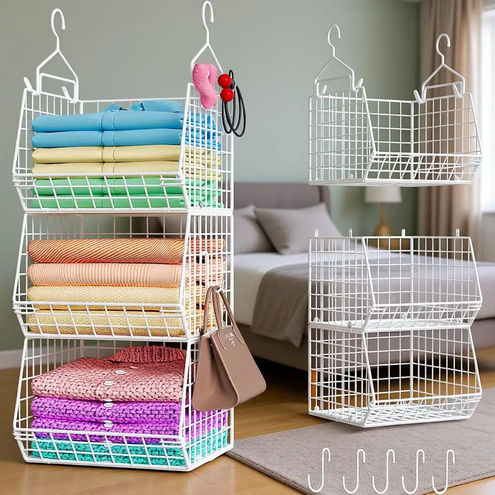 3-Tier Adjustable Closet Organizer with 5 Hooks, Wall-Mount Wire Storage Baskets for Clothing, Shoes, Accessories - White Patent
3-Tier Adjustable Closet Organizer with 5 Hooks, Wall-Mount Wire Storage Baskets for Clothing, Shoes, Accessories - White Patent