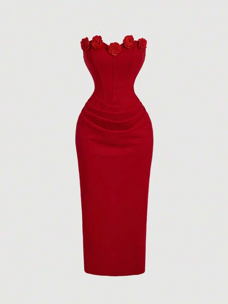 Red Strapless Floral Appliqué Corset Midi Dress with Ruched Waist
Red Strapless Floral Appliqué Corset Midi Dress with Ruched Waist