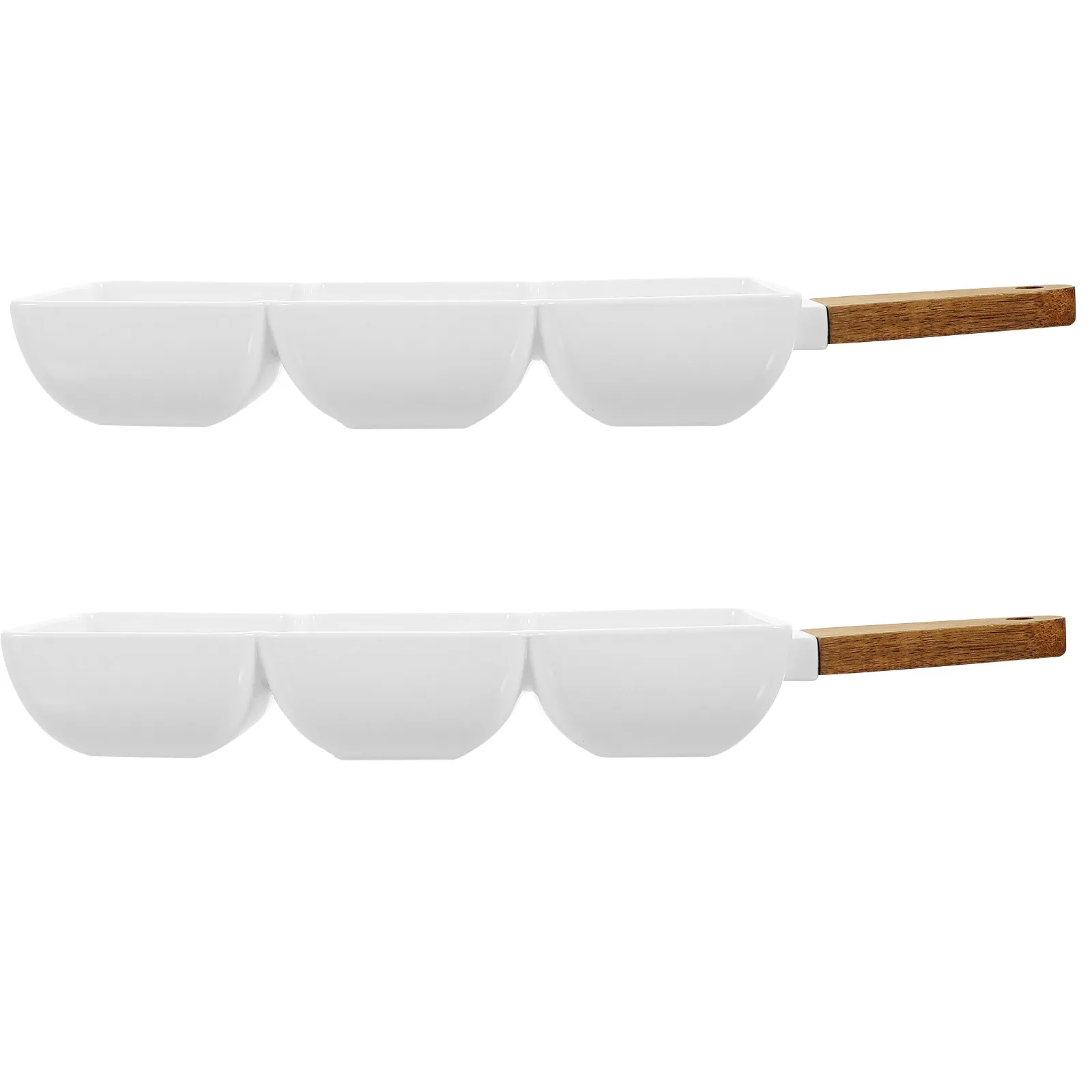2Pcs Ceramic Divided Snack Bowl Three-Compartment Seasoning Dish for Salad Sauce Dessert Food Serving Plate with Wooden Handle
2Pcs Ceramic Divided Snack Bowl Three-Compartment Seasoning Dish for Salad Sauce Dessert Food Serving Plate with Wooden Handle