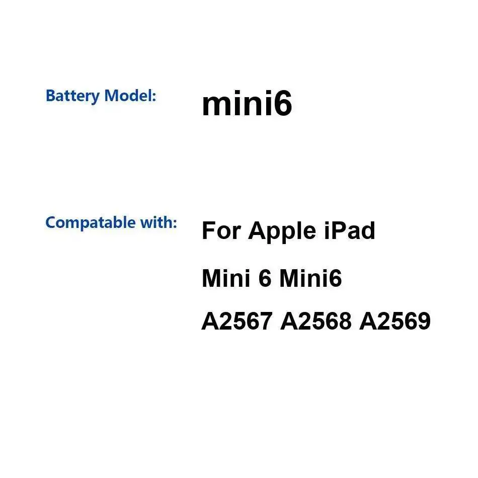 Для Apple Ipad Mini 6 Mini6 A2567 A2568 A2569 аккумулятор для планшета 5200 мАч долговечная замена премиум-класса
Для Apple Ipad Mini 6 Mini6 A2567 A2568 A2569 аккумулятор для планшета 5200 мАч долговечная замена премиум-класса