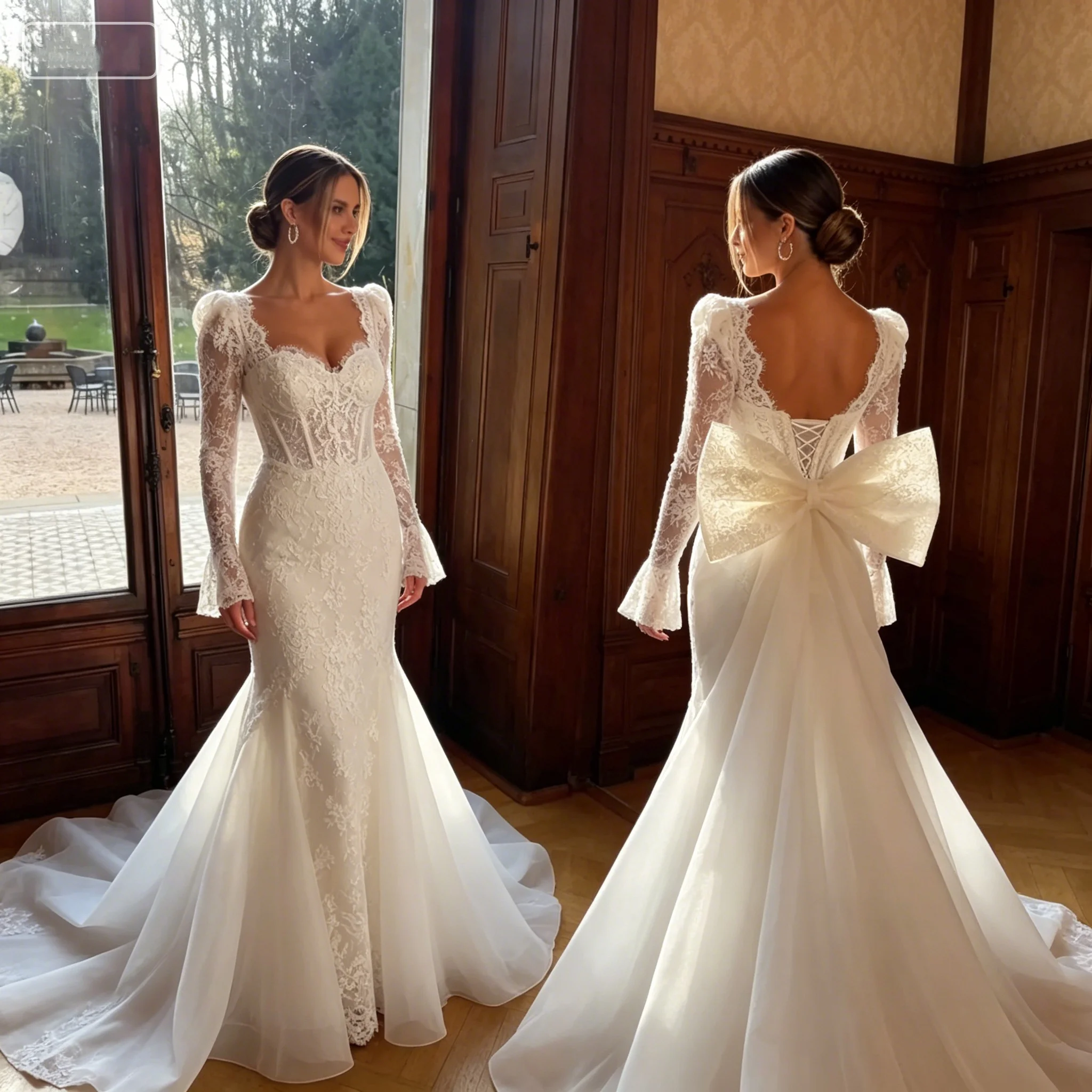Custom Vestido De Novia Long Sleeve Lace Mermaid Wedding Dress with Corset Back Large Bow Court Train Bridal Gown
Custom Vestido De Novia Long Sleeve Lace Mermaid Wedding Dress with Corset Back Large Bow Court Train Bridal Gown