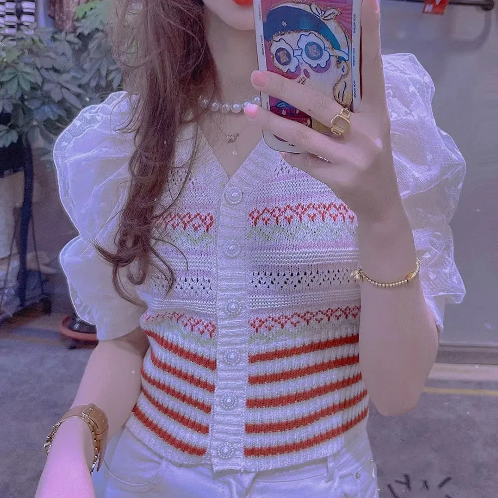 Korean Chic Sweet Sweater Tops Women Striped Cardigan Summer Bubble Sleeve Knitted T-shirts Female Fashion Ladies Knitwear Tee
Korean Chic Sweet Sweater Tops Women Striped Cardigan Summer Bubble Sleeve Knitted T-shirts Female Fashion Ladies Knitwear Tee