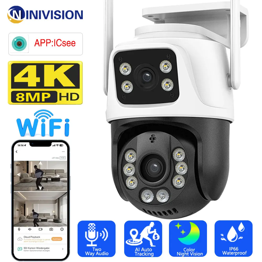 8MP 4K PTZ WiFi IP Camera smart home Protection Dual Lens Screen Color Night Vision Auto Track CCTV security protection Camera
8MP 4K PTZ WiFi IP Camera smart home Protection Dual Lens Screen Color Night Vision Auto Track CCTV security protection Camera